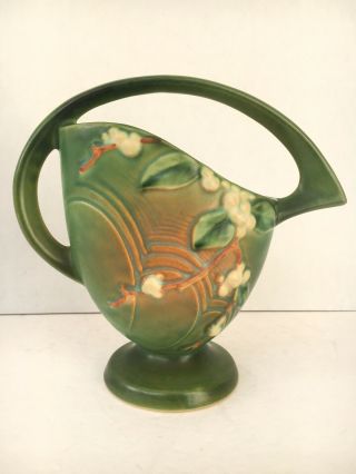 1940s Roseville Usa Art Pottery Green Snowberry Basket Vase Ibk - 8 “ Centerpiece