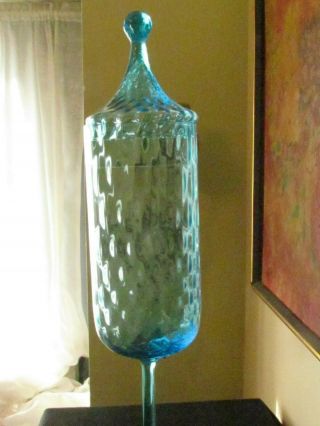 TALL MID CENTURY MODERN EMPOLI GLASS COVERED APOTHECARY CANDY JAR 19 3/4 