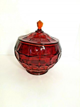 Vintage Ee Ruby Red Glass Candy Bowl W/ Lid Hexagon Pattern Ombre