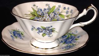 Queen Anne England Qua3 Forget Me Not Footed Cup & Saucer 8 Oz Gold Trim Flowers