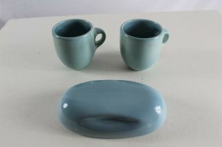 3 Russel Wright Iroquois Casual China Blue 2 Coffee Cups 1 Butter Dish Lid