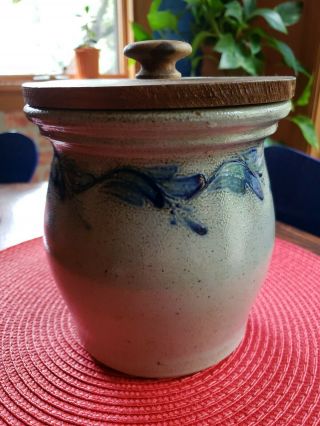 1990 Eldreth Pottery Stoneware Salt Glaze Crock W/ Wooden Lid Lancaster Pa