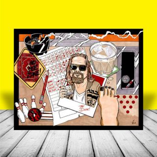 The Big Lebowski Artist Signed Poster Art,  Shows Dude,  Bowling Ball,  Pins