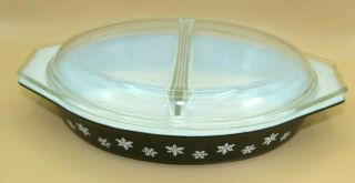 Vintage Pyrex Black White Snowflake Divided Casserole Dish With Divided Lid