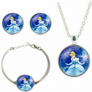 Princess Cinderella Glass Domed Pendant Necklace Earring & Bracelet Jewelry Set