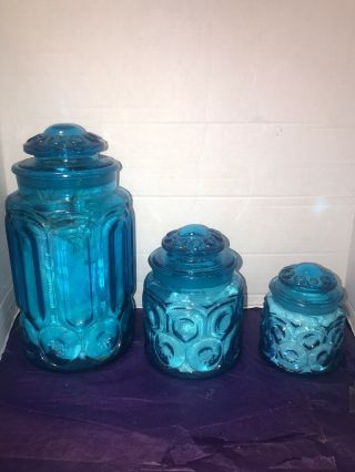 Vintage Le Smith Moon And Stars Blue Glass 3 Piece Canister Set