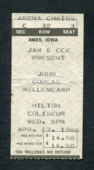1986 John Cougar Mellencamp Concert Ticket Stub Ames Ia Scarecrow Tour