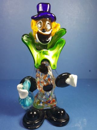 Retro Vintage Murano Glass Clown Figure Holding A Bottle 10 Inches Tall