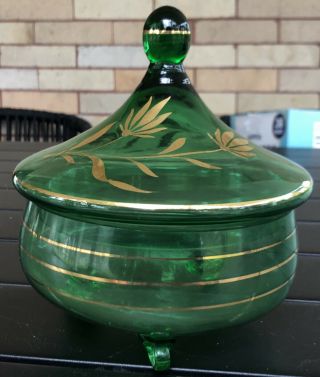 Vintage Green Glass Lidded Candy Dish Gold Striped Floral Design