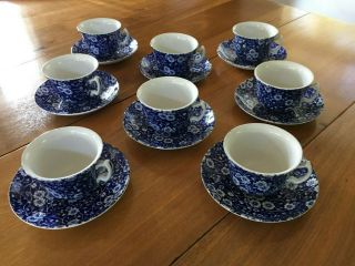 Vintage Royal Crownford Staffordshire Calico Blue Tea Cup & Saucer - Set Of 8