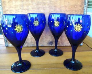 Set Of 4 - Libbey Cobalt Blue Celestial Moon & Stars Wine Stemware Glasses