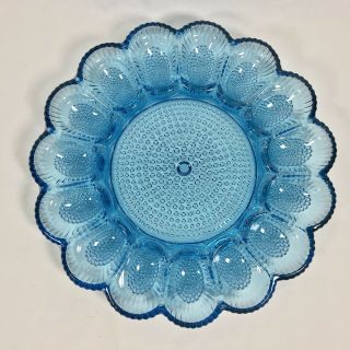 Blue Vintage Indiana Glass Deviled Egg Plate Hobnail Thousand Eyes