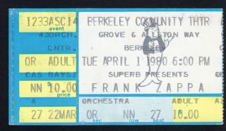1980 Frank Zappa Concert Ticket Stub Berkley Ca Joe 