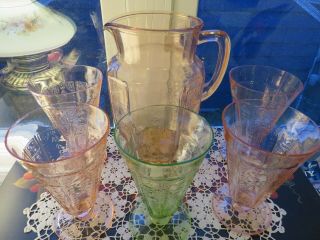 Pink Depression Glass Hocking Glass Co Princess Pitcher And 5 Footed Tumblers