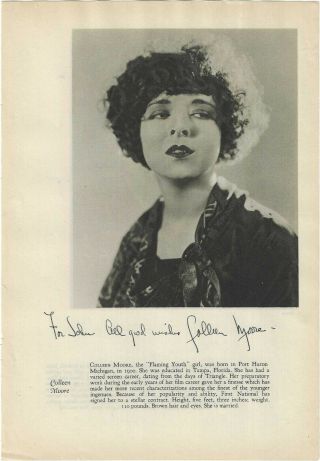 Colleen Moore Signed Vintage Page / Autographed 1960s