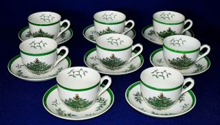 Spode Christmas Tree Set Of 8 Porcelain Cups & Saucers England