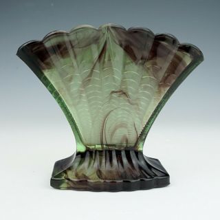 Davidsons Cloud Glass - Green & Brown Fan Vase - Art Deco
