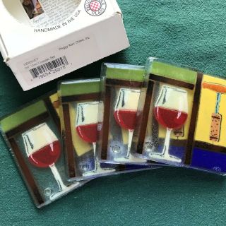 Peggy Karr Fused Glass Coasters Set Of 4 Vino Signed Wine Corkscrew Orig Box 4 "