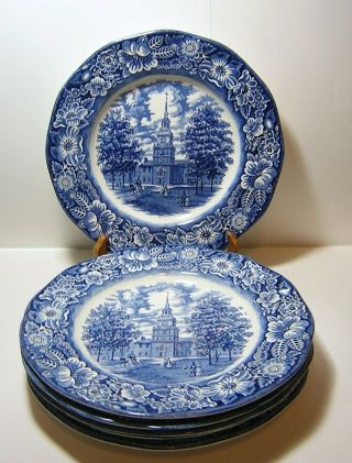 6 Staffordshire England Liberty Blue 10 " Dinner Plates Indenpendence Hall