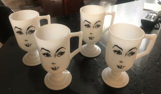 4 Milk Glass Mid Century Coffee Mugs With Face On Them