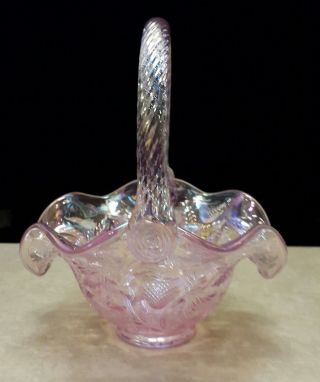 Fenton Pink Opalescent Glass Basket Strawberry Pattern Ruffled Edge 5735 Ng