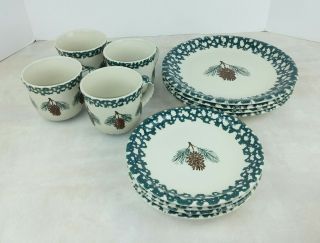 Folk Craft Pine Cone By Tienshan Dishes Mugs Cups (4) Place Settings Cabin Lake