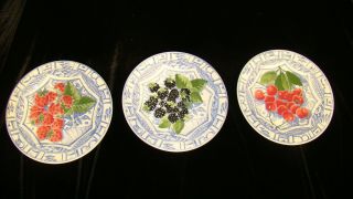 Set Of 3 Gien Oiseaux Bleu Assorted Fruit Designs 8 3/ 4 ",  Plates France