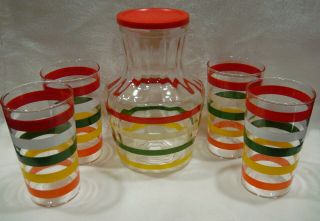 Vintage Anchor Hocking Fiesta Band Stripe 40 Oz Juice Carafe & 4 Tumbler Glasses