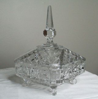 Large Footed Crystal Candy Dish With Lid - Floral - Square Base -