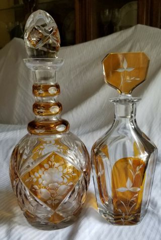 2 Amber Cut To Clear Antique Bohemian Czech Glass Decanters With Stoppers