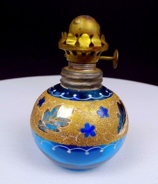 Bohemian Czech Art Glass Blue & Gold Encrusted Enamel Leaves 3 7/8 " Oil Lamp