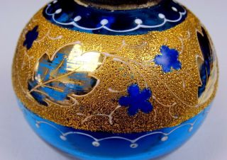 BOHEMIAN CZECH ART GLASS BLUE & GOLD ENCRUSTED ENAMEL LEAVES 3 7/8 