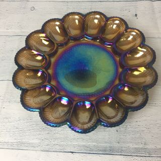 Iridescent Purple Amber Rainbow Carnival Glass Deviled Egg Plate