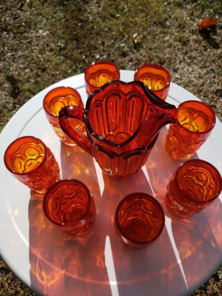 L E SMITH MOON & STARS FLAME RED AMBERINA PITCHER & 8 GLASSES TUMBLERS 3