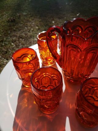L E SMITH MOON & STARS FLAME RED AMBERINA PITCHER & 8 GLASSES TUMBLERS 4
