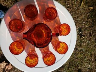L E SMITH MOON & STARS FLAME RED AMBERINA PITCHER & 8 GLASSES TUMBLERS 6
