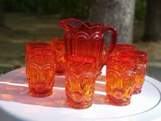 L E SMITH MOON & STARS FLAME RED AMBERINA PITCHER & 8 GLASSES TUMBLERS 7