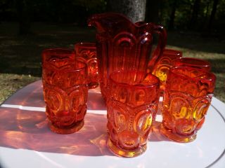L E SMITH MOON & STARS FLAME RED AMBERINA PITCHER & 8 GLASSES TUMBLERS 8