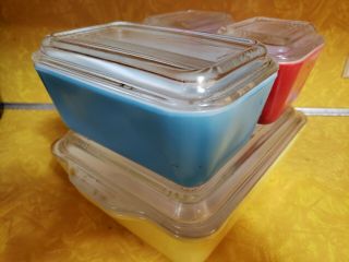 Vintage PYREX Primary Colors Refrigerator Dish Set of 4,  501s 502 503 With Lids 2