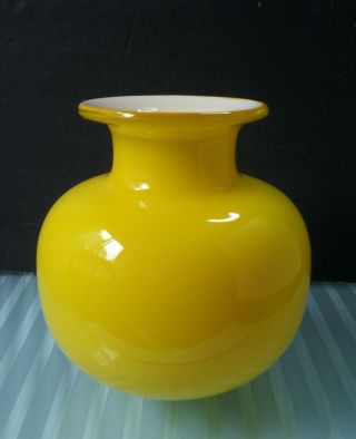 Glass Vase Art Cased Blown Hand Vintage Yellow White And Mcm Scandinavian? 7.  5 H