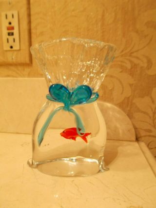 Vintage Murano? Glass Fish In A Bag Aquarium Goldfish Blue Ribbon Paperweight