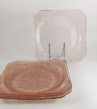 Set Of 4 Pink Jeannette Adam 9 " Square Depression Glass Dinner Plates