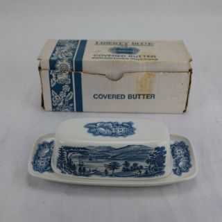 Liberty Blue Covered 1/4 Lb.  Butter Dish Lafayette Landing At West Point Nib