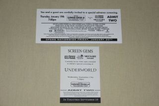UNDERWORLD - two screening passes tickets invitations Kate Beckinsale vampire 2