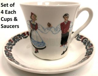 Vintage Figgjo & Flint Norway Porcelain Hardanger Dancers Set Of 4 Cups Saucers