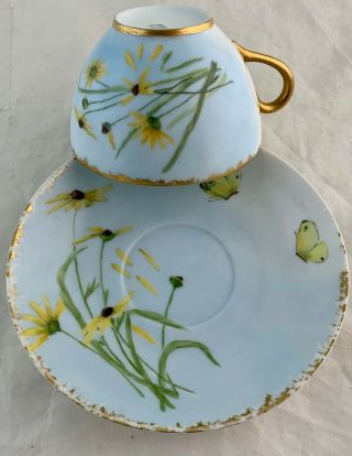 Antique Limoges Hand Painted Gold Blue Cup Saucer Set Yellow Flower Butterfly