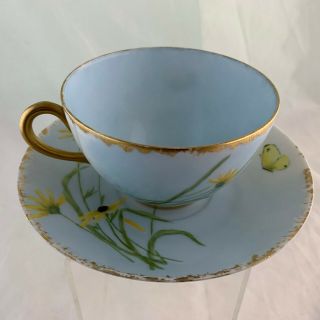 ANTIQUE LIMOGES HAND PAINTED GOLD BLUE CUP SAUCER SET YELLOW FLOWER BUTTERFLY 4