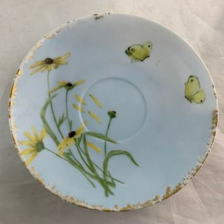 ANTIQUE LIMOGES HAND PAINTED GOLD BLUE CUP SAUCER SET YELLOW FLOWER BUTTERFLY 6