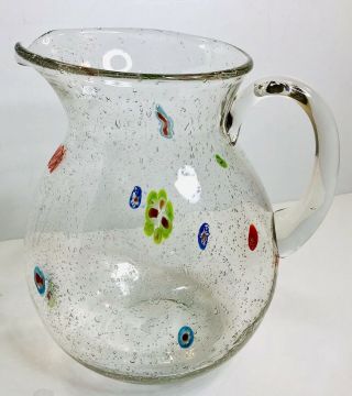 Art Glass Millefiori Hand Blown Large 9 Inch Pitcher Bubble Glass