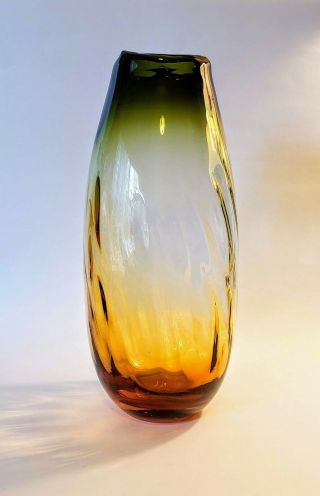 Murano Amber To Green Hand Blown Art Glass Vase Jar Tall Italy Ground Pontil 1